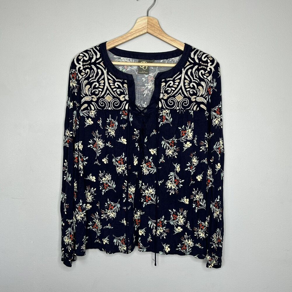 Anthro OS Embroidered Boho Top L Blue Floral Print Peasant Style One September